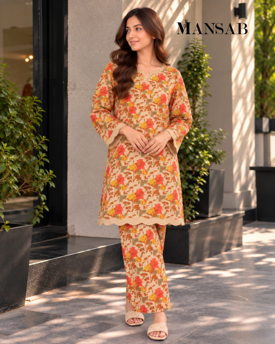  Beige Floral Printed 2-Piece Suit