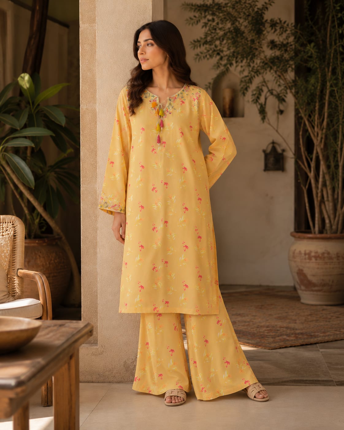 Yellow Floral Embroidered Kurta flapper Set