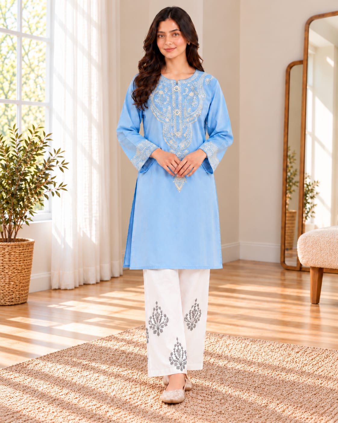  Sky Blue Floral Embroidered 2-Piece Suit