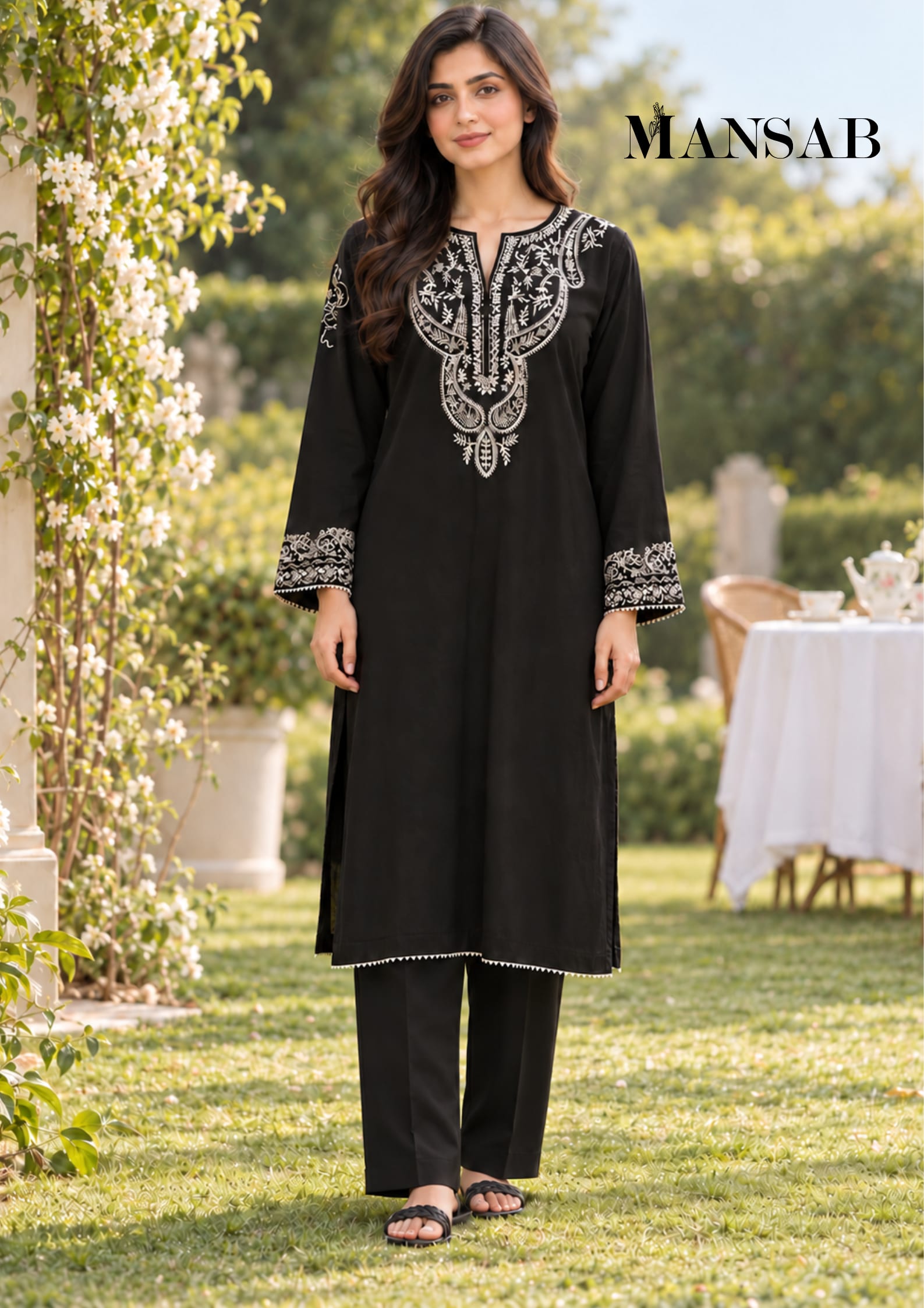  Black & Ivory Embroidered 2-Piece Suit