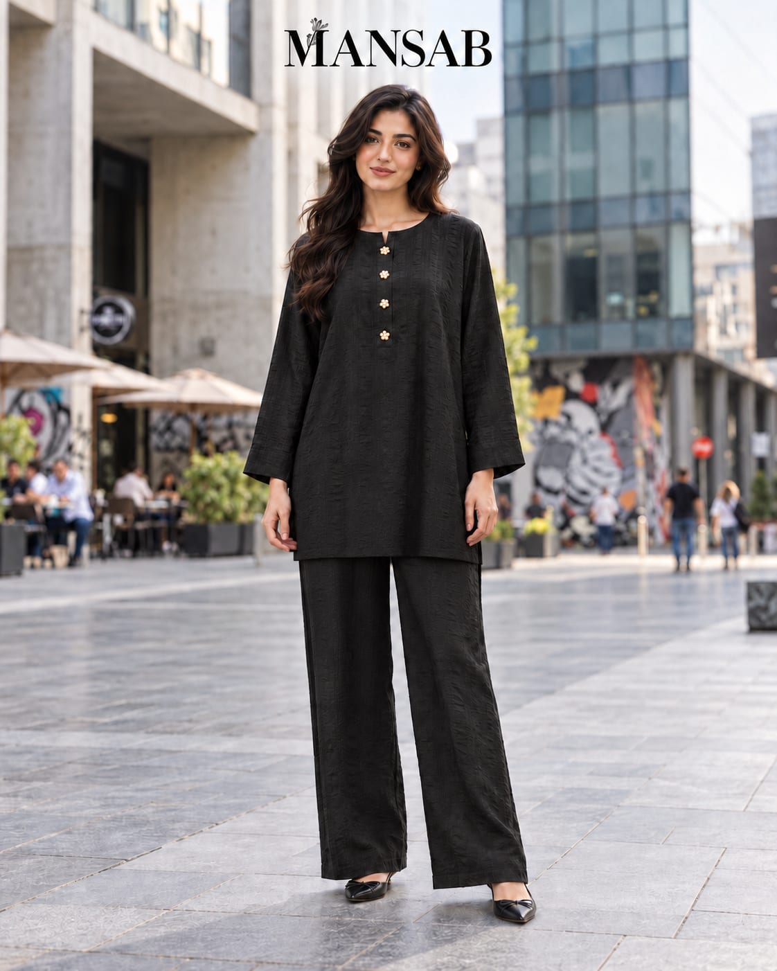 Black Textured Co-ord Set for Women