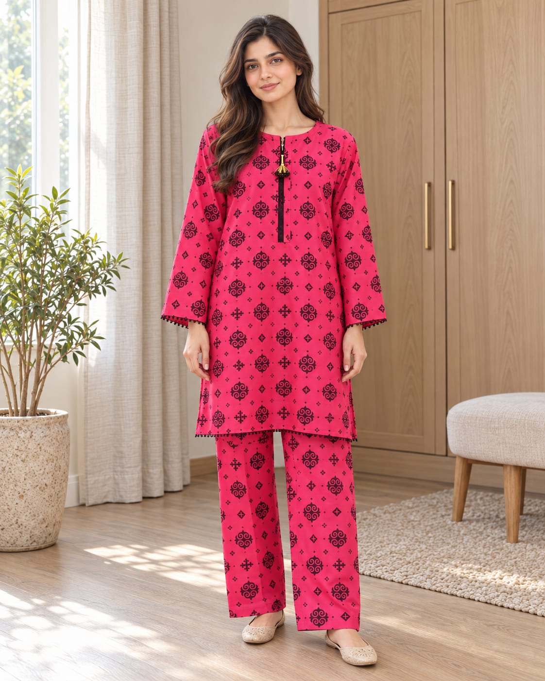 Fuchsia Geometric Printed 2-Piece Suit | MANSAB