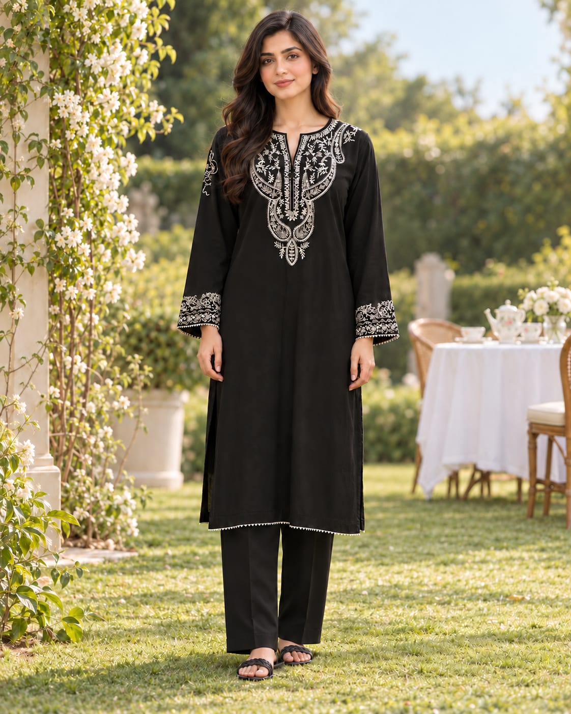  Black & Ivory Embroidered 2-Piece Suit