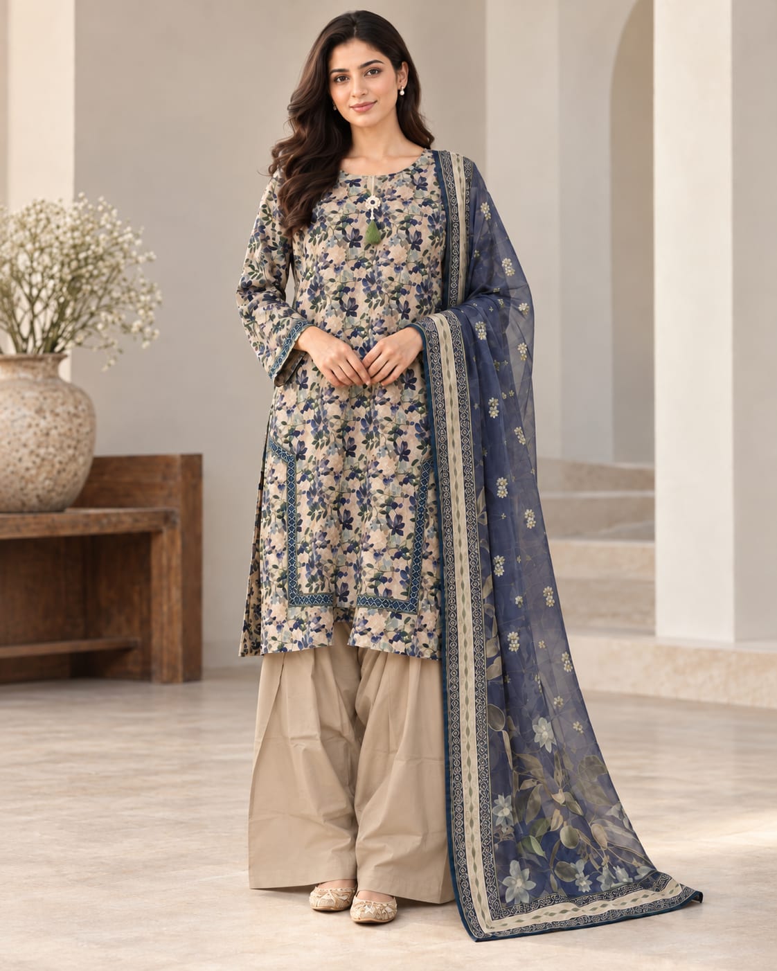 Blue Floral Printed Three-Piece Shalwar Suit