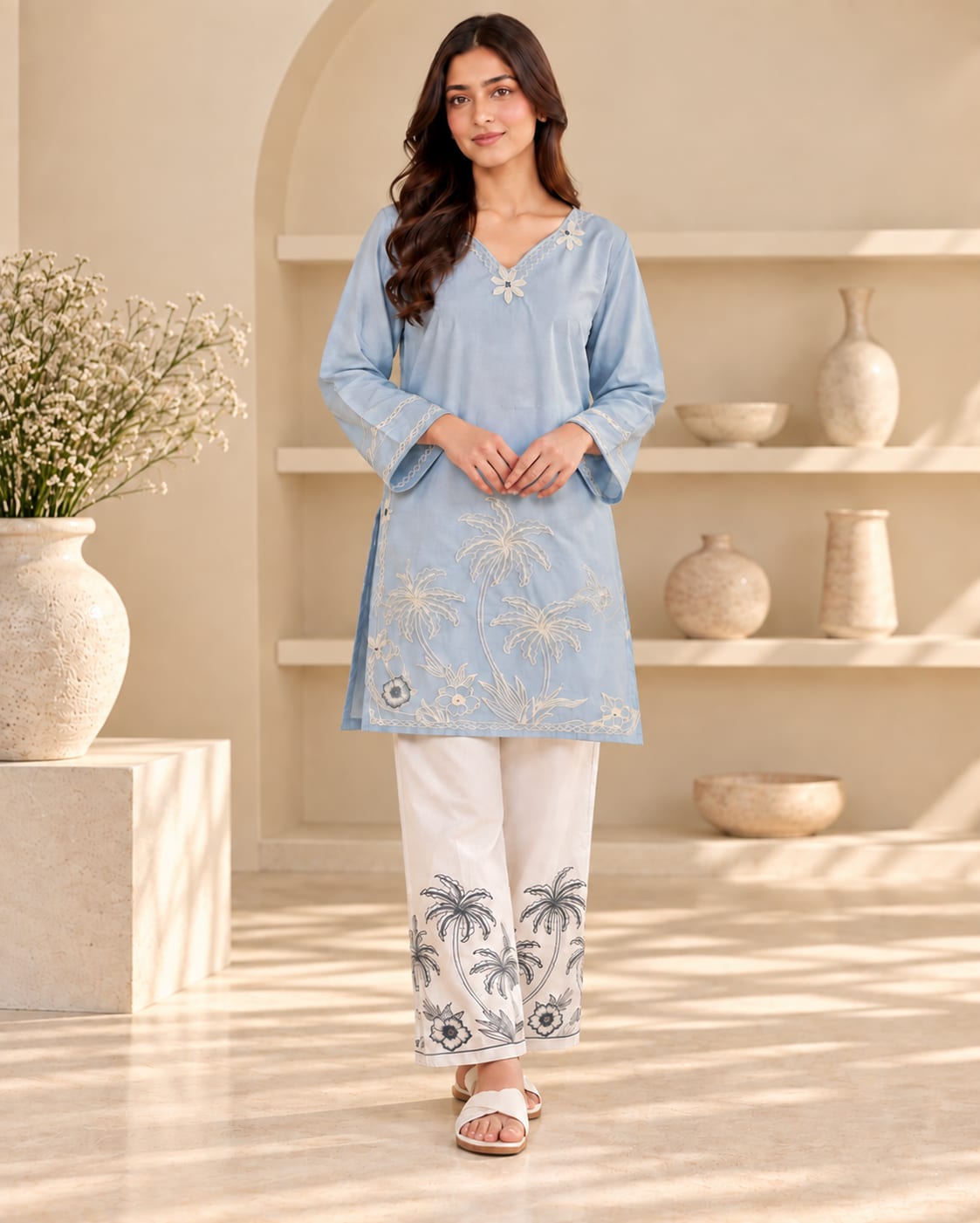  Pastel Blue Embroidered 2-Piece Suit