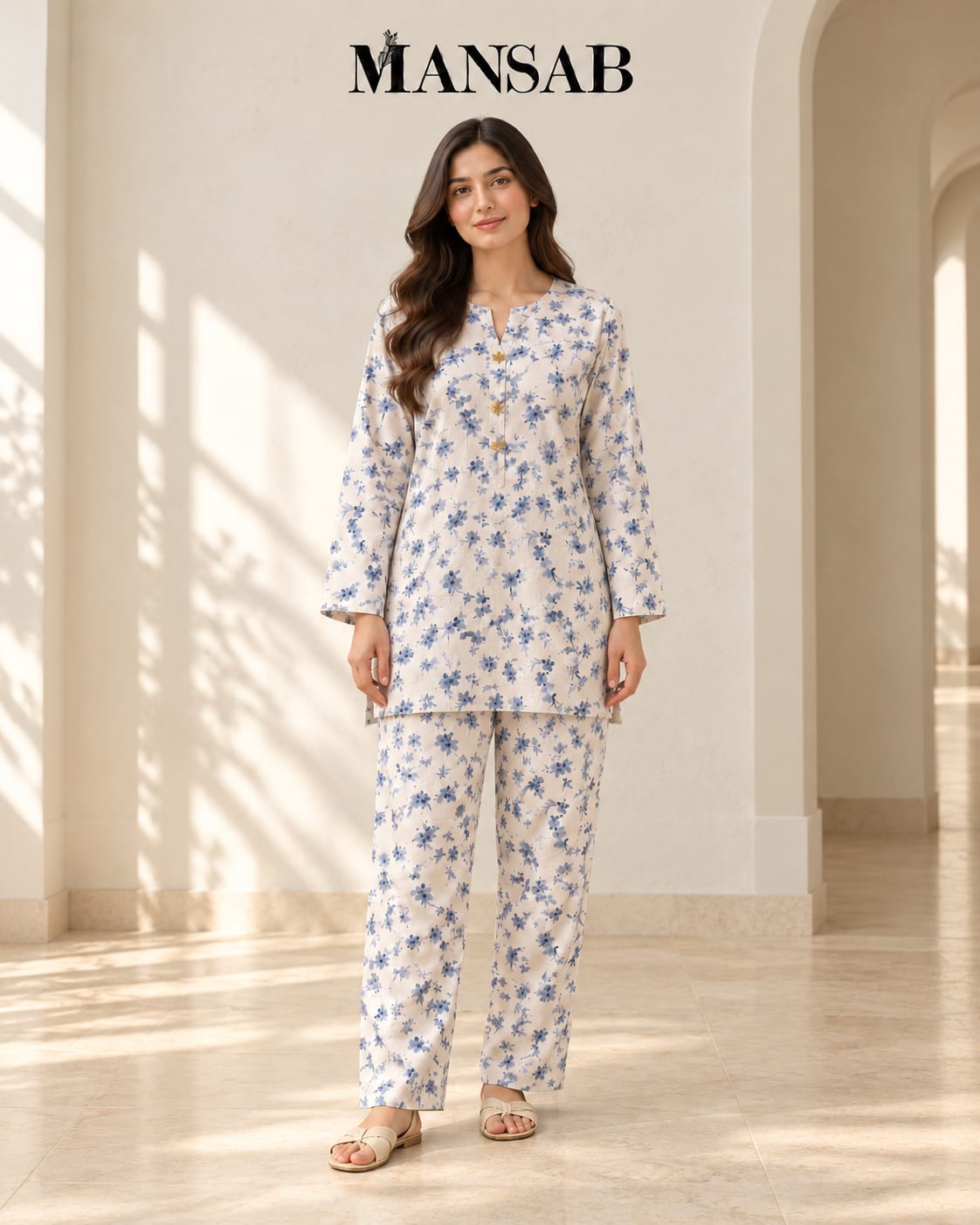 Blue Floral Printed Co-ord Set for Women