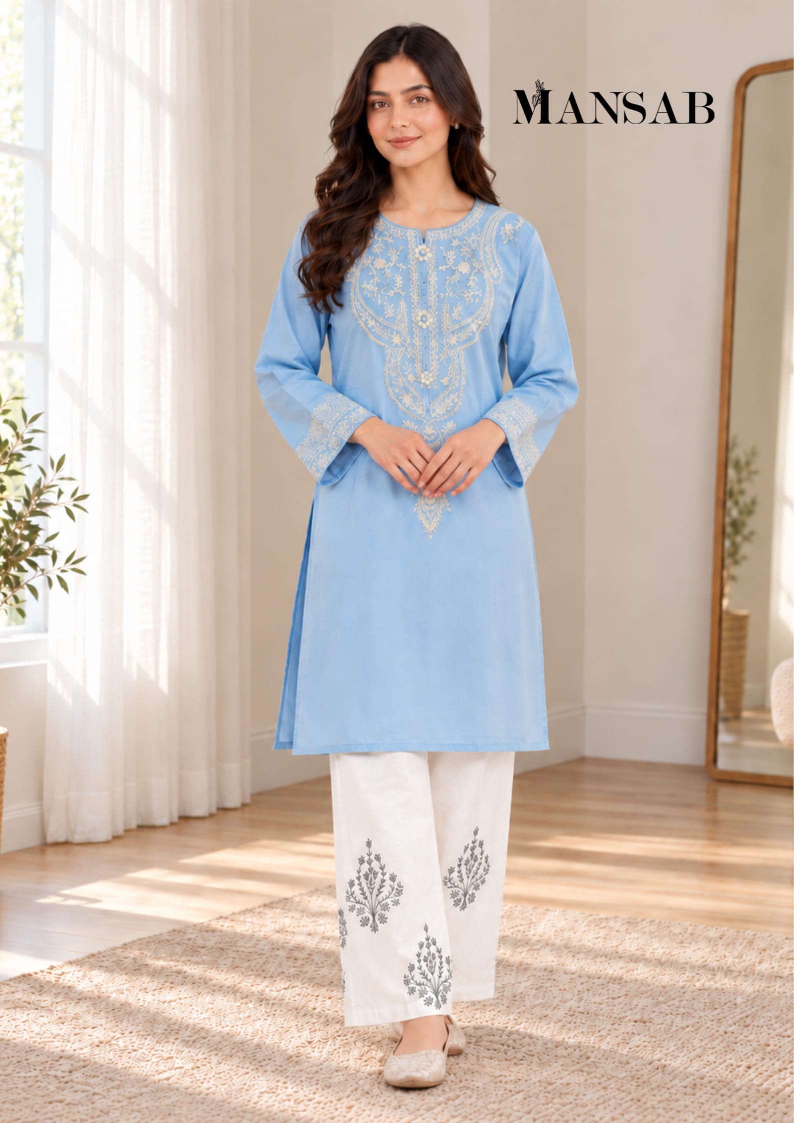  Sky Blue Floral Embroidered 2-Piece Suit