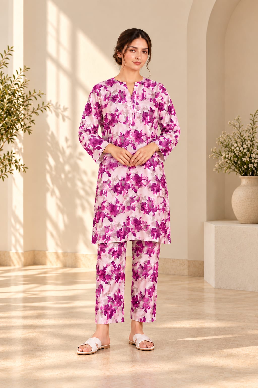 Purple Floral Printed Two-Piece Suit