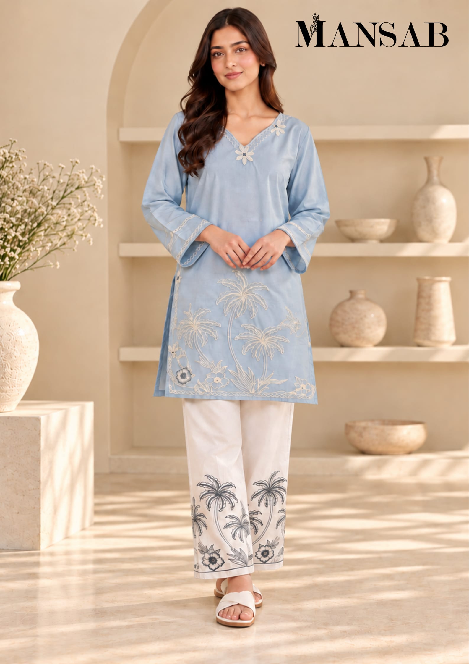  Pastel Blue Embroidered 2-Piece Suit