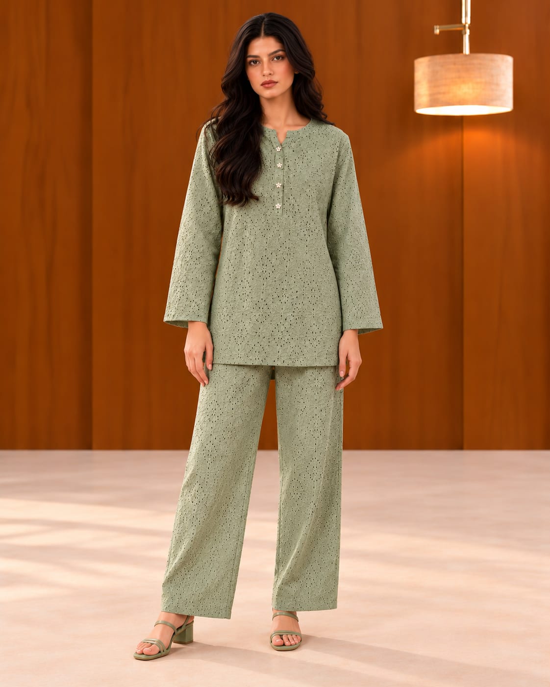 Sage Green Eyelet Co-ord Suit for Women | MANSAB