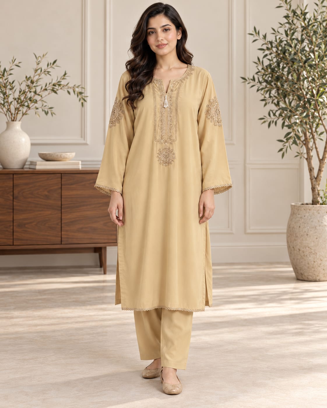 Champagne Beige Embroidered 2-Piece Suit