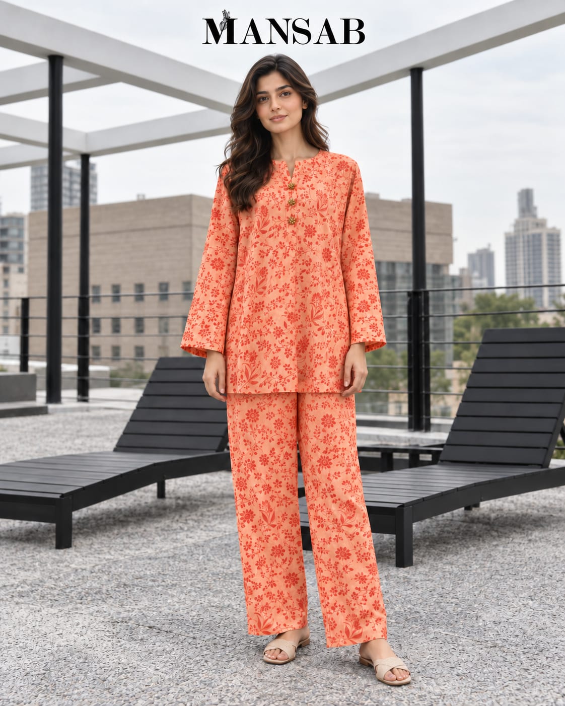 Coral Floral Print Co-ord Set for Women