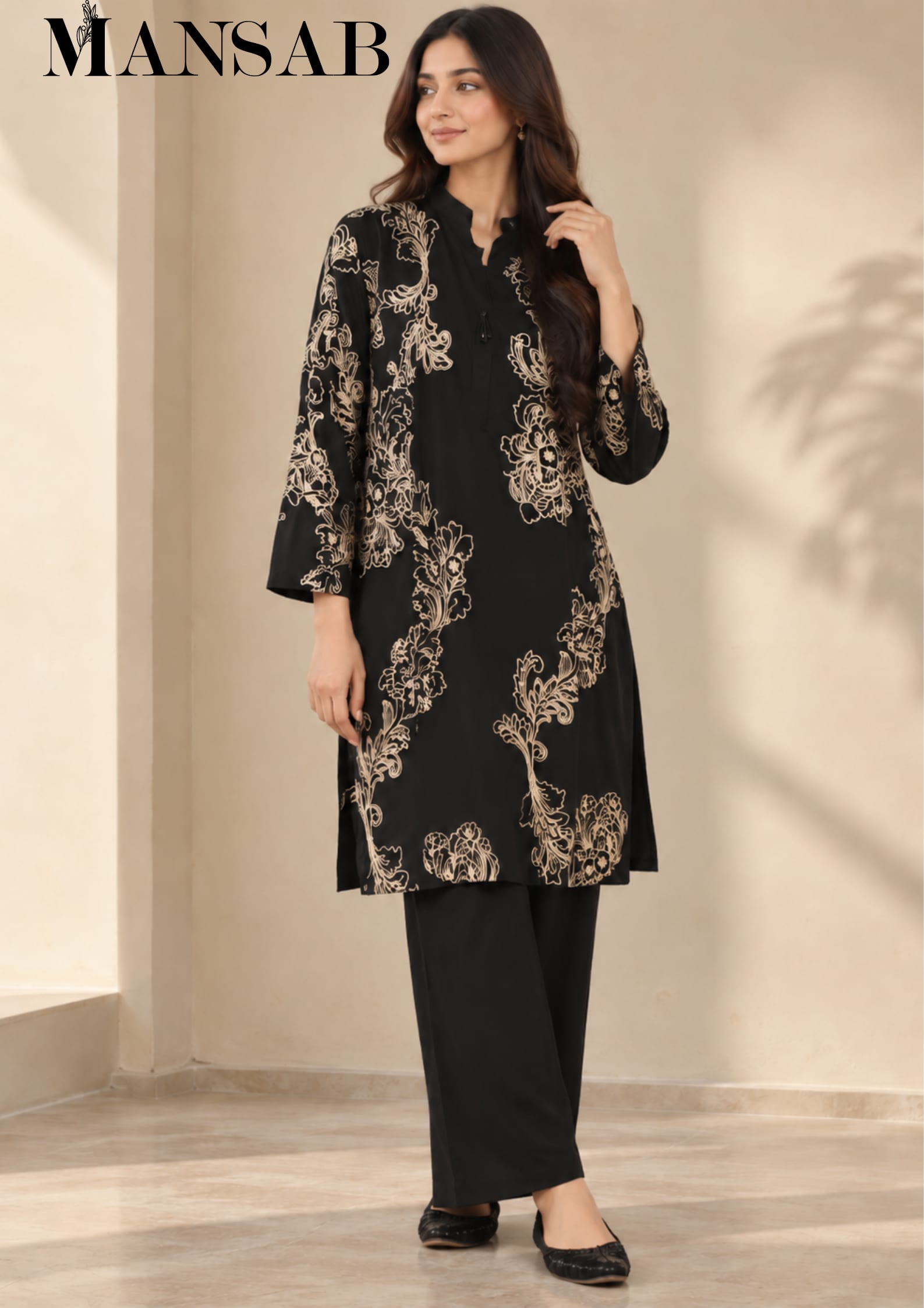Black & Beige Floral 2-Piece Suit