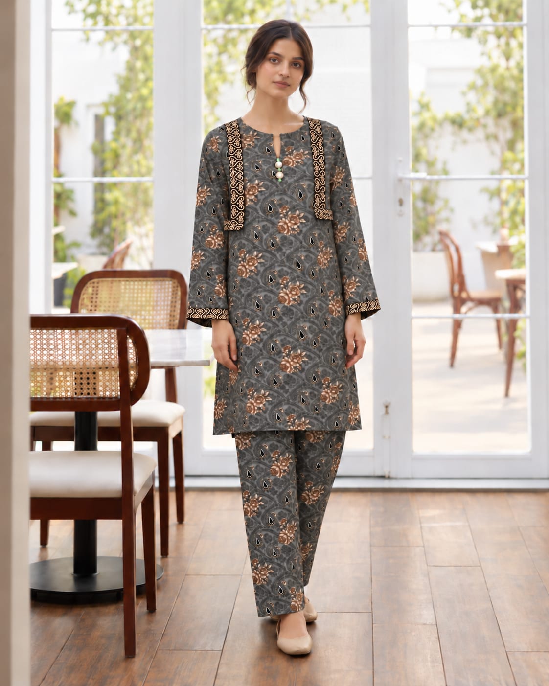 Grey Floral Paisley Printed 2-Piece Suit | MANSAB