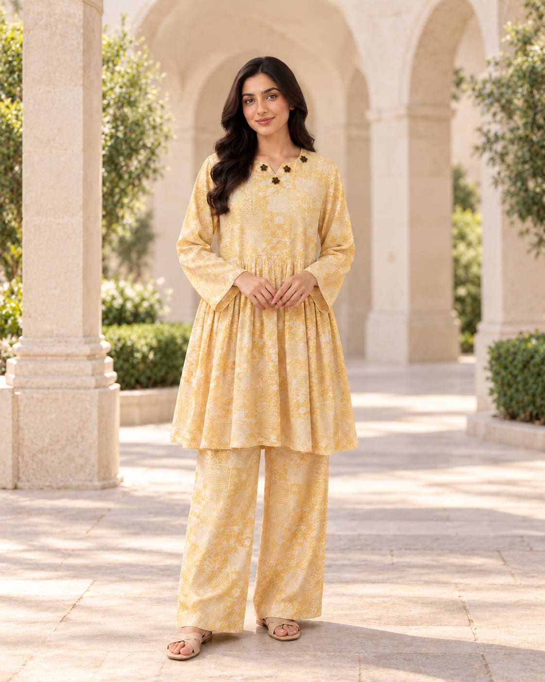 Mustard Printed Peplum Co-ord Set for Women 
