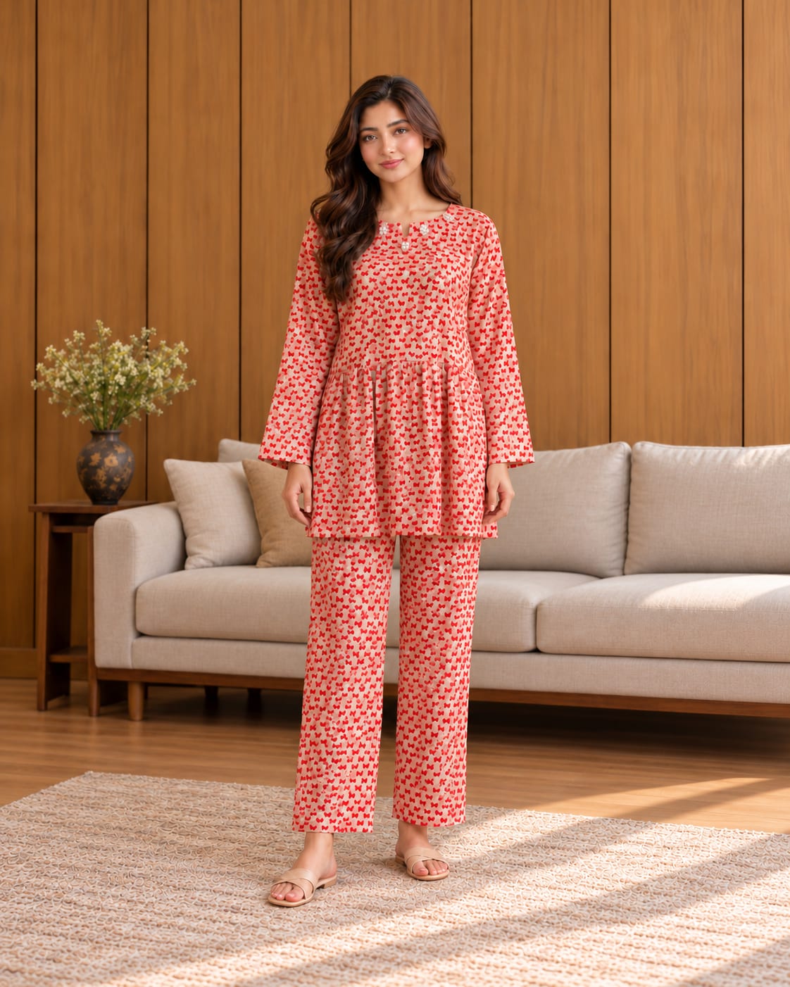 Cream & Red Printed Co-ord Set