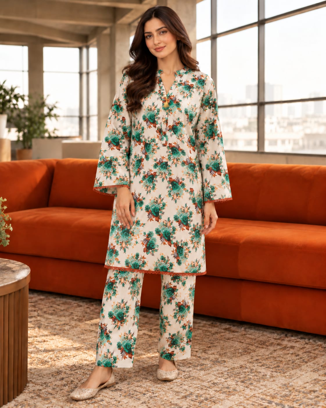Ivory & Green Floral Printed 2-Piece Suit | MANSAB