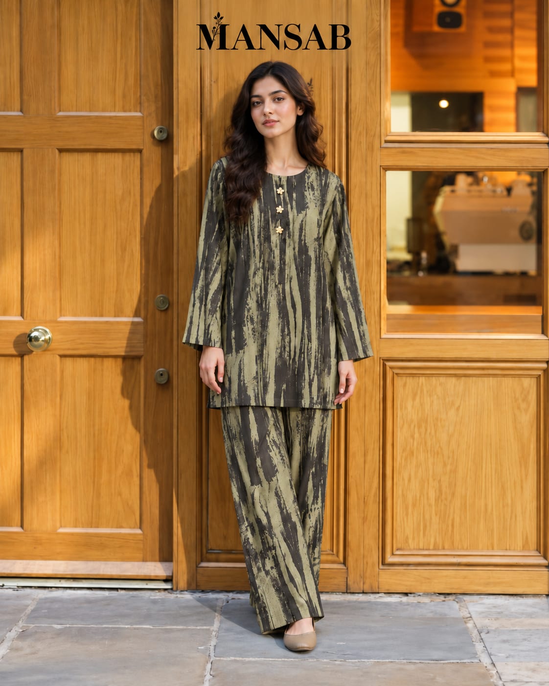 Olive Abstract Print Co-ord Set for Women