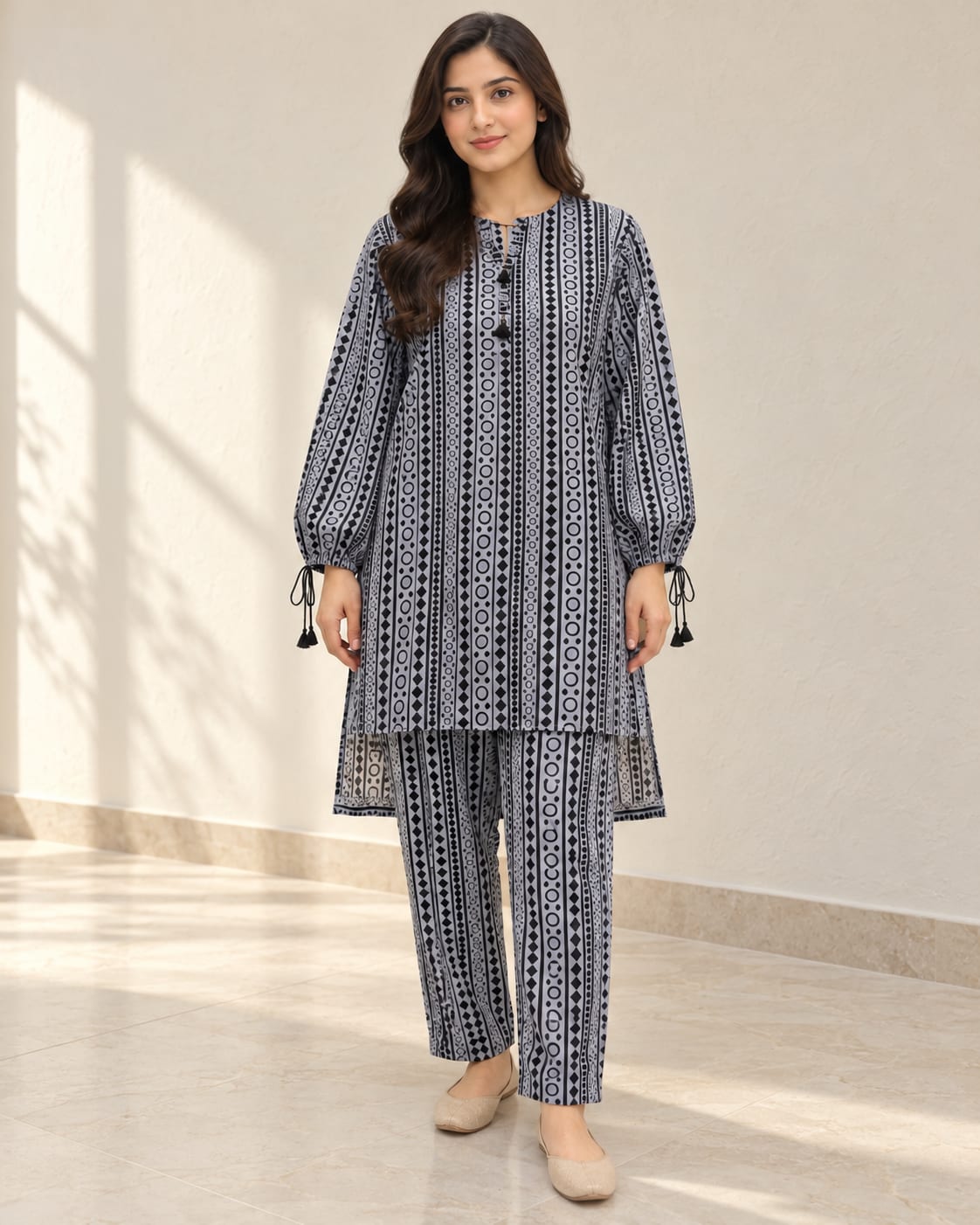 Grey & Black Geometric Printed 2-Piece Suit | MANSAB