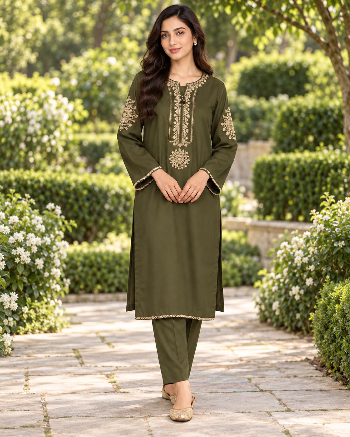 Olive Green Embroidered 2-Piece Suit