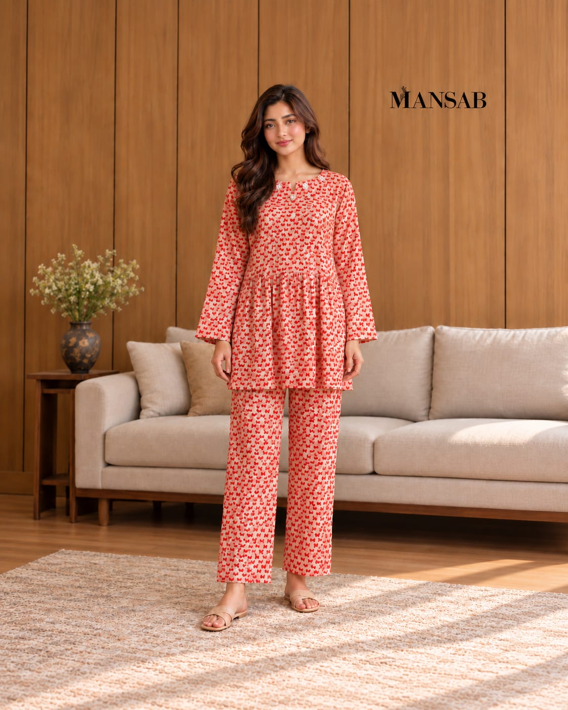 Cream & Red Printed Co-ord Set