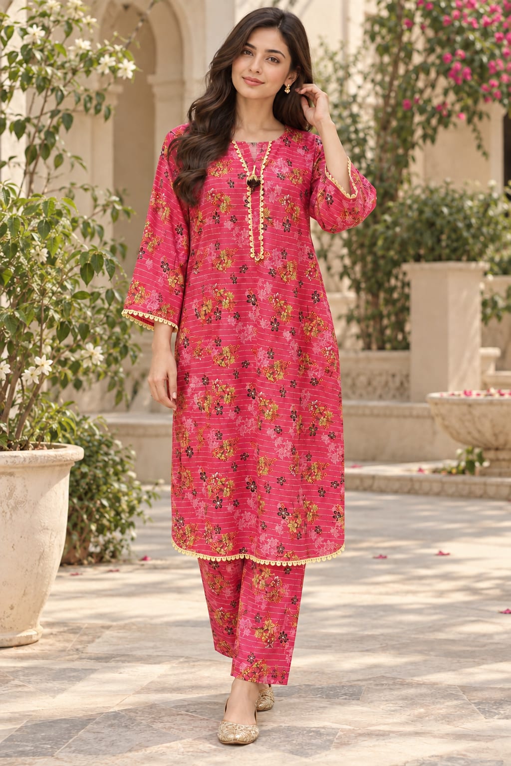 Fuchsia Pink Floral Printed 2-Piece Suit