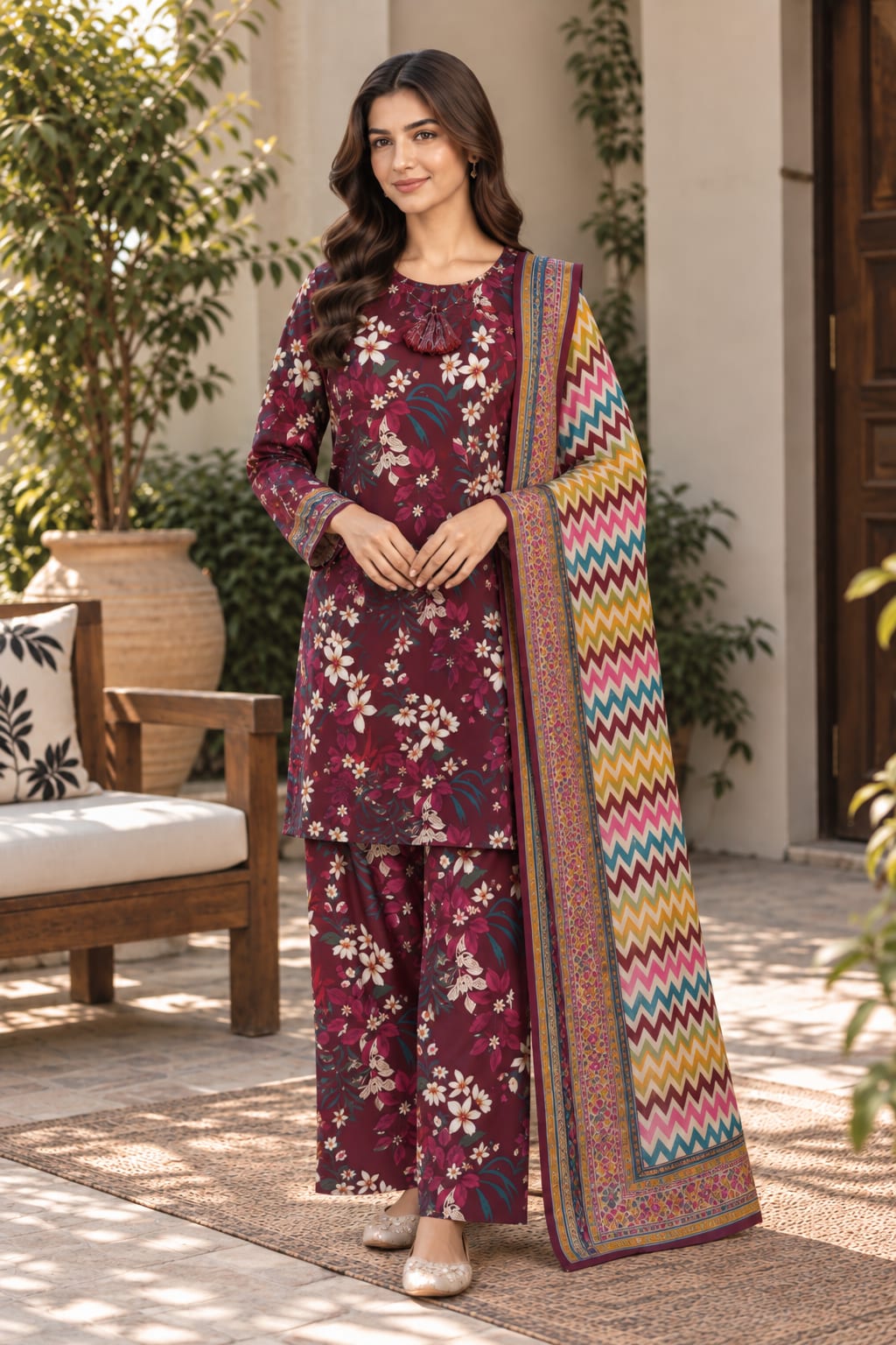 Maroon Floral 3-Piece Printed Suit with Dupatta