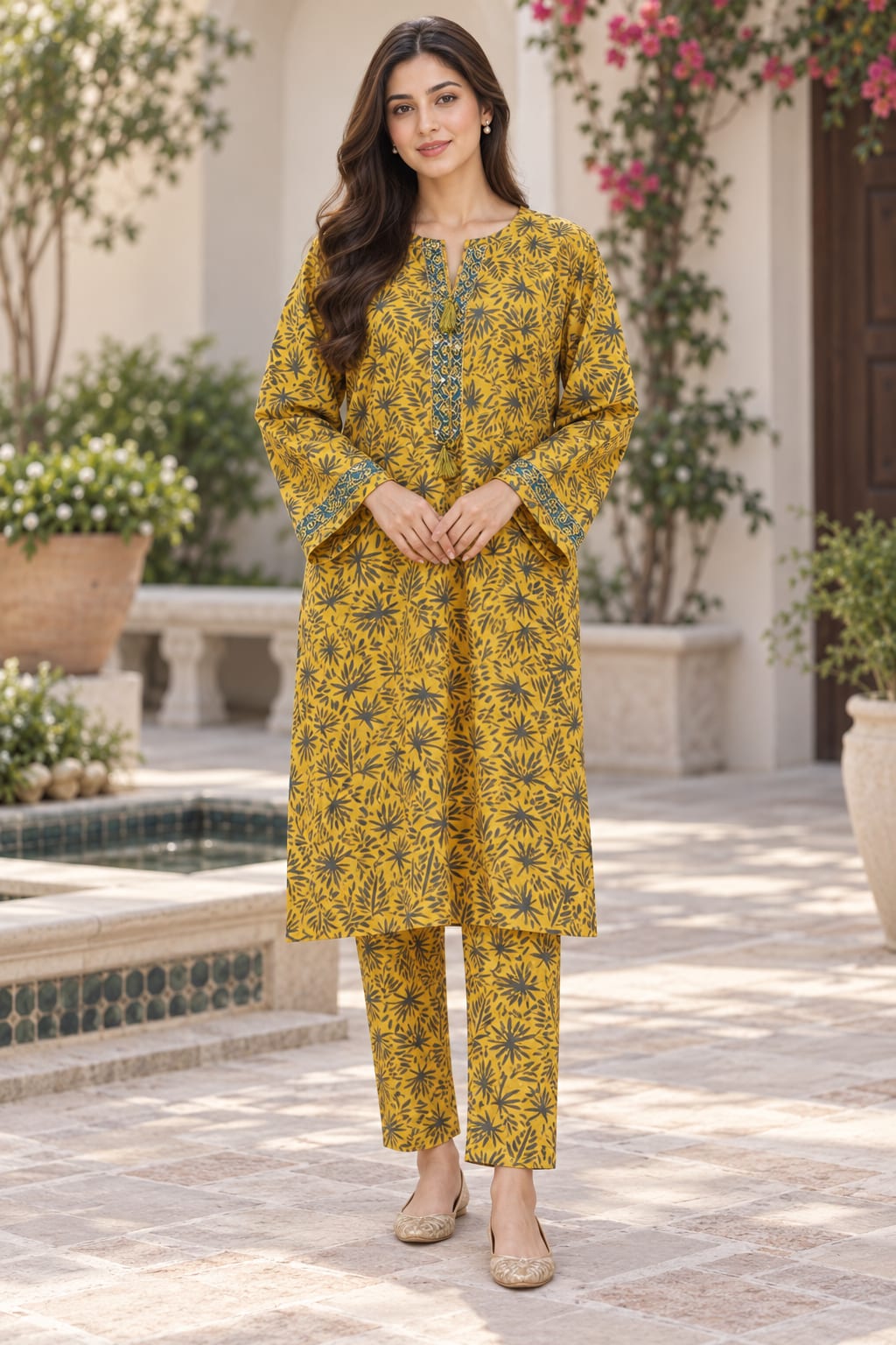 Mustard Yellow Printed Two-Piece Suit