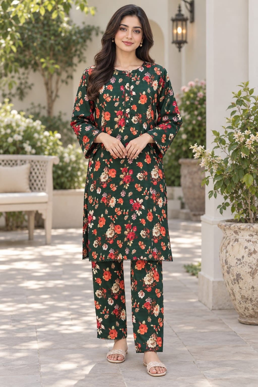 Dark Green Floral Printed 2-Piece Suit