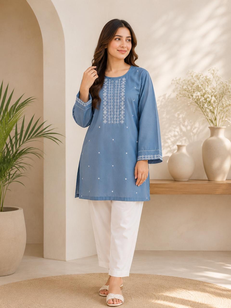 Embroidered Kurti & Trouser – Steel Blue