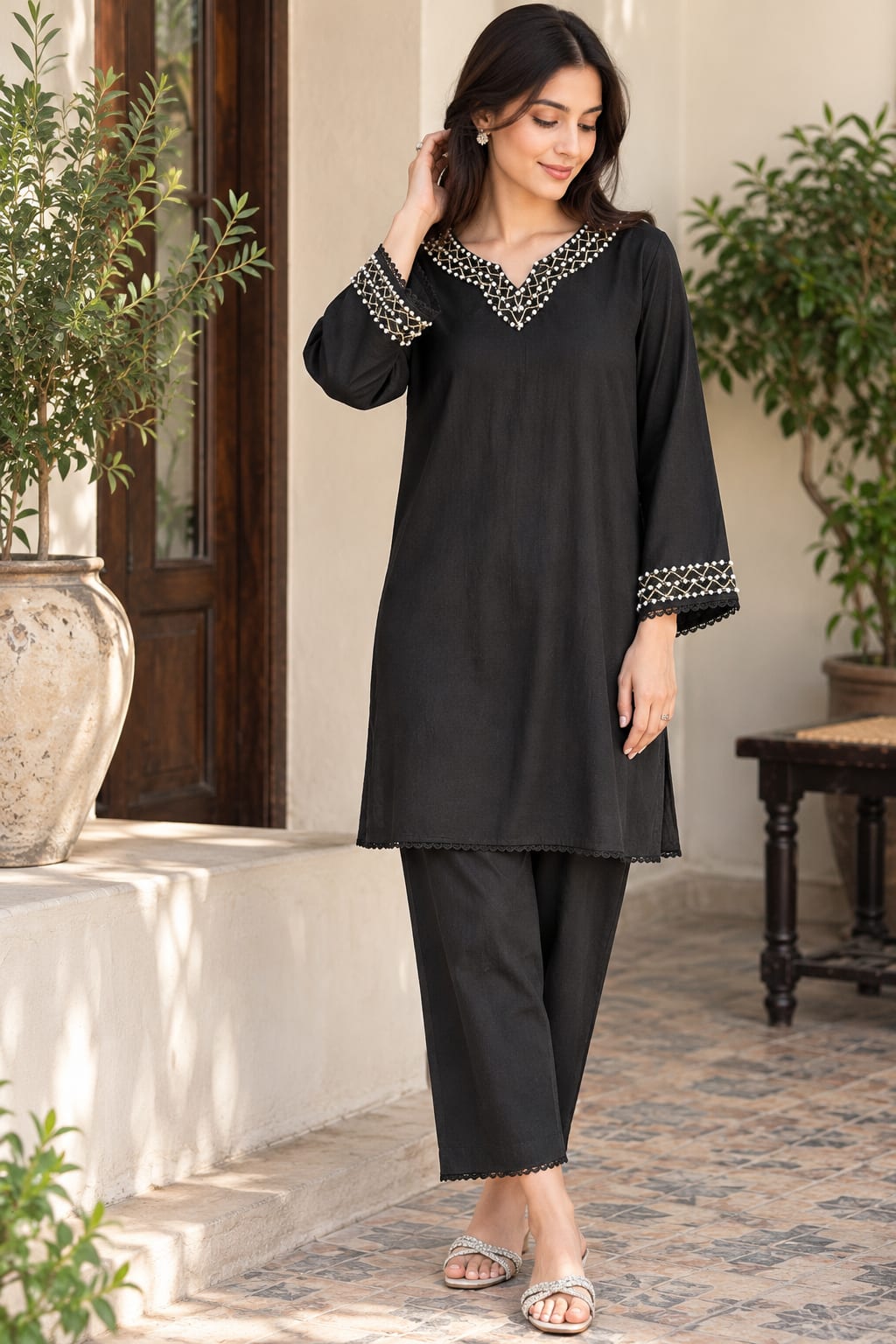 Elegant Black Embroidered Two-Piece Suit