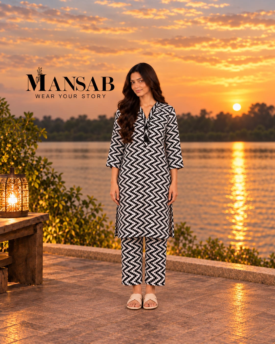 Black & White Zigzag Printed Two-Piece Suit