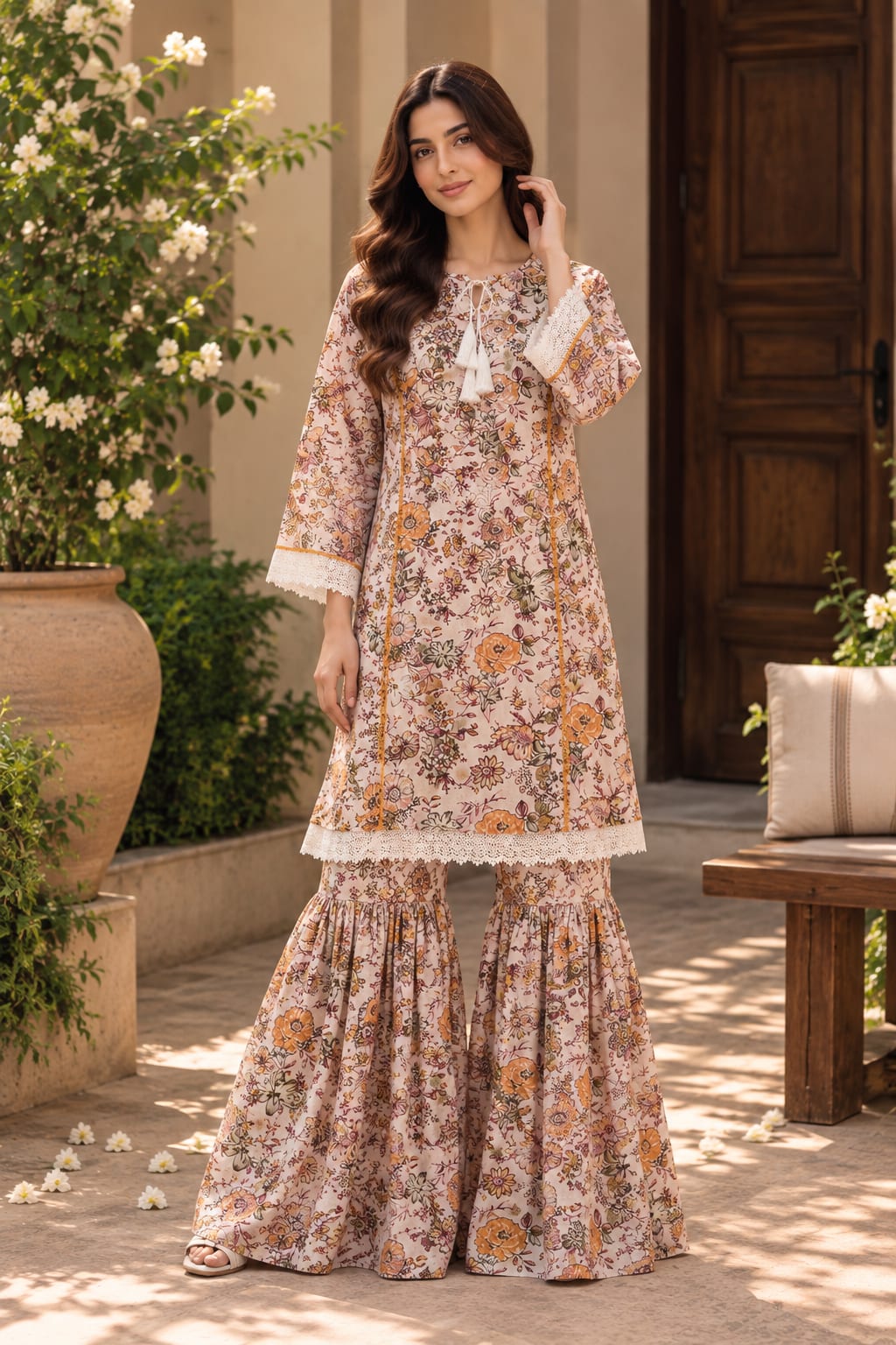 Ivory Floral Printed Kurta & Gharara Set