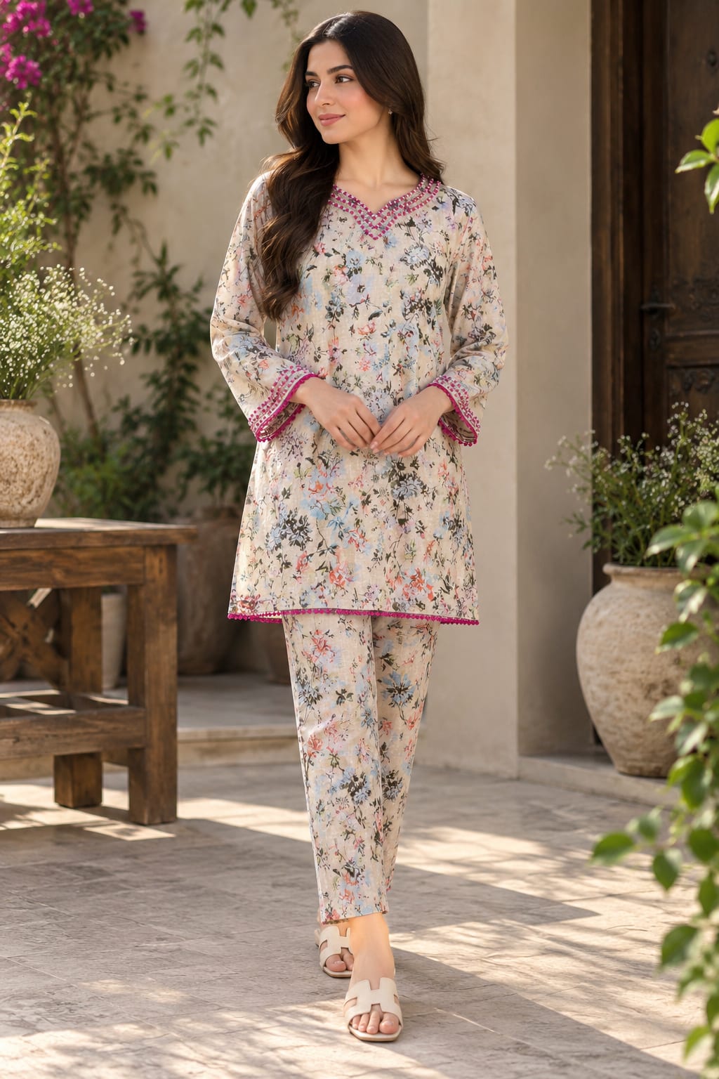 Floral Printed Embellished Two-Piece Suit