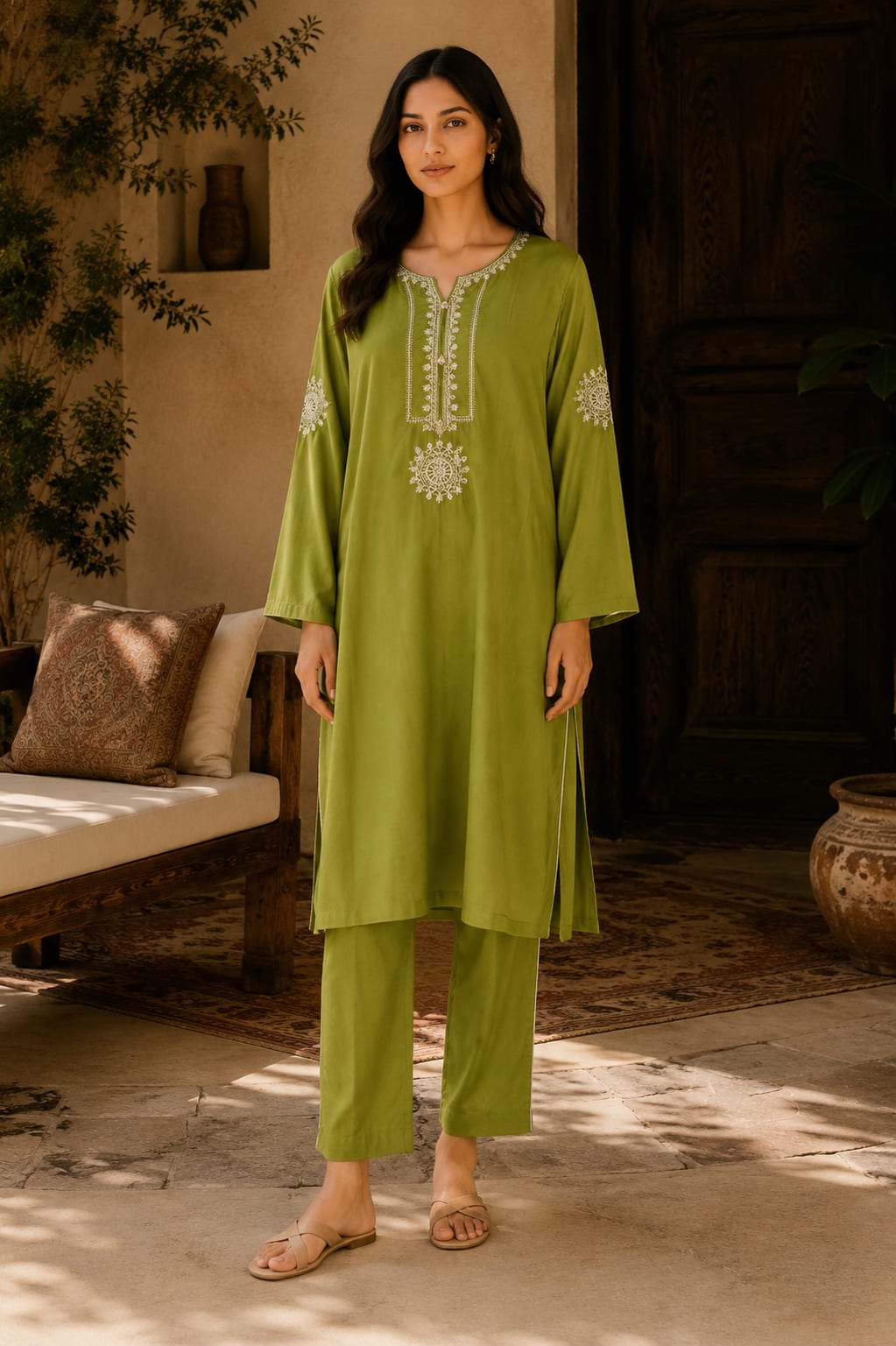 Olive Green Embroidered Kurta Trouser Set