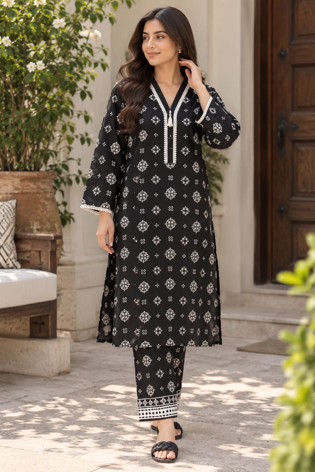 Black & White Printed 2-Piece Lawn Suit