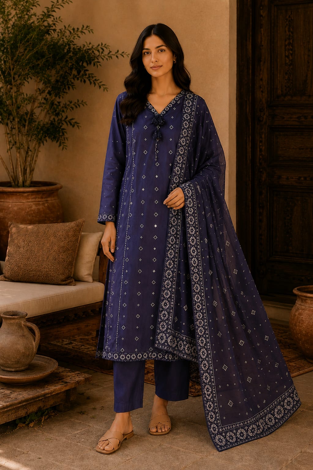Navy Blue Printed 3-Piece Suit