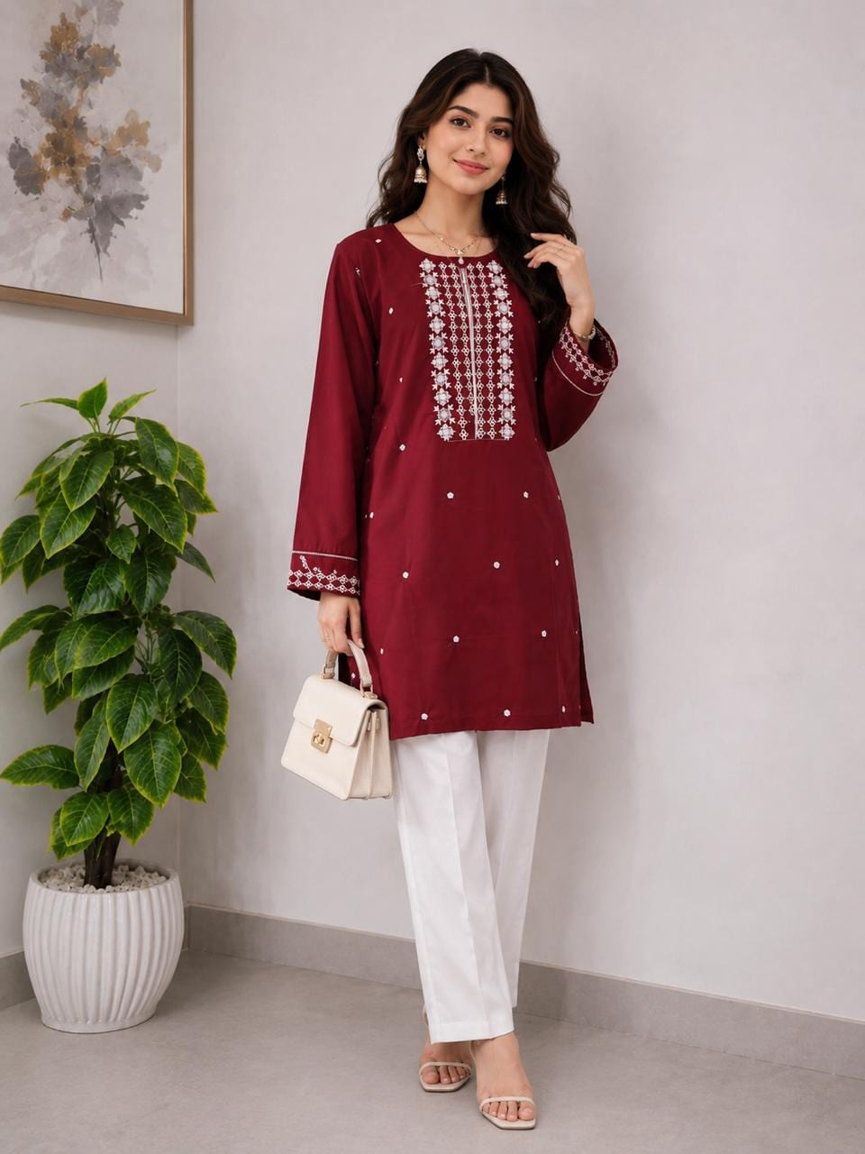 Embroidered Kurti & Trouser – Maroon