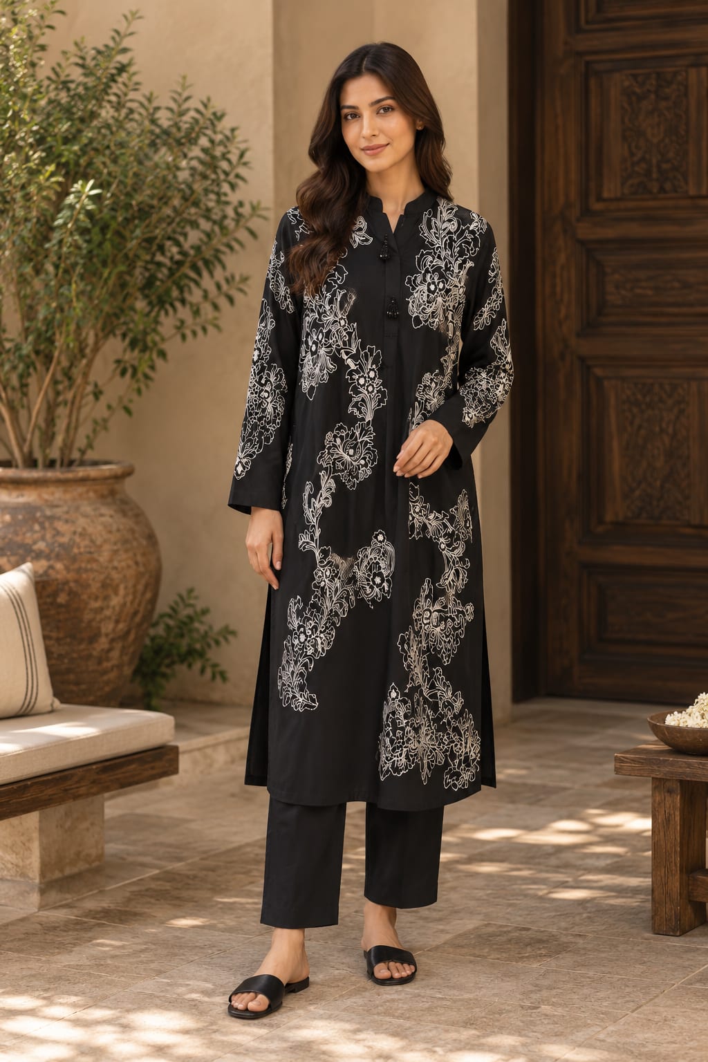 Black Floral Embroidered Kurta Trouser Set