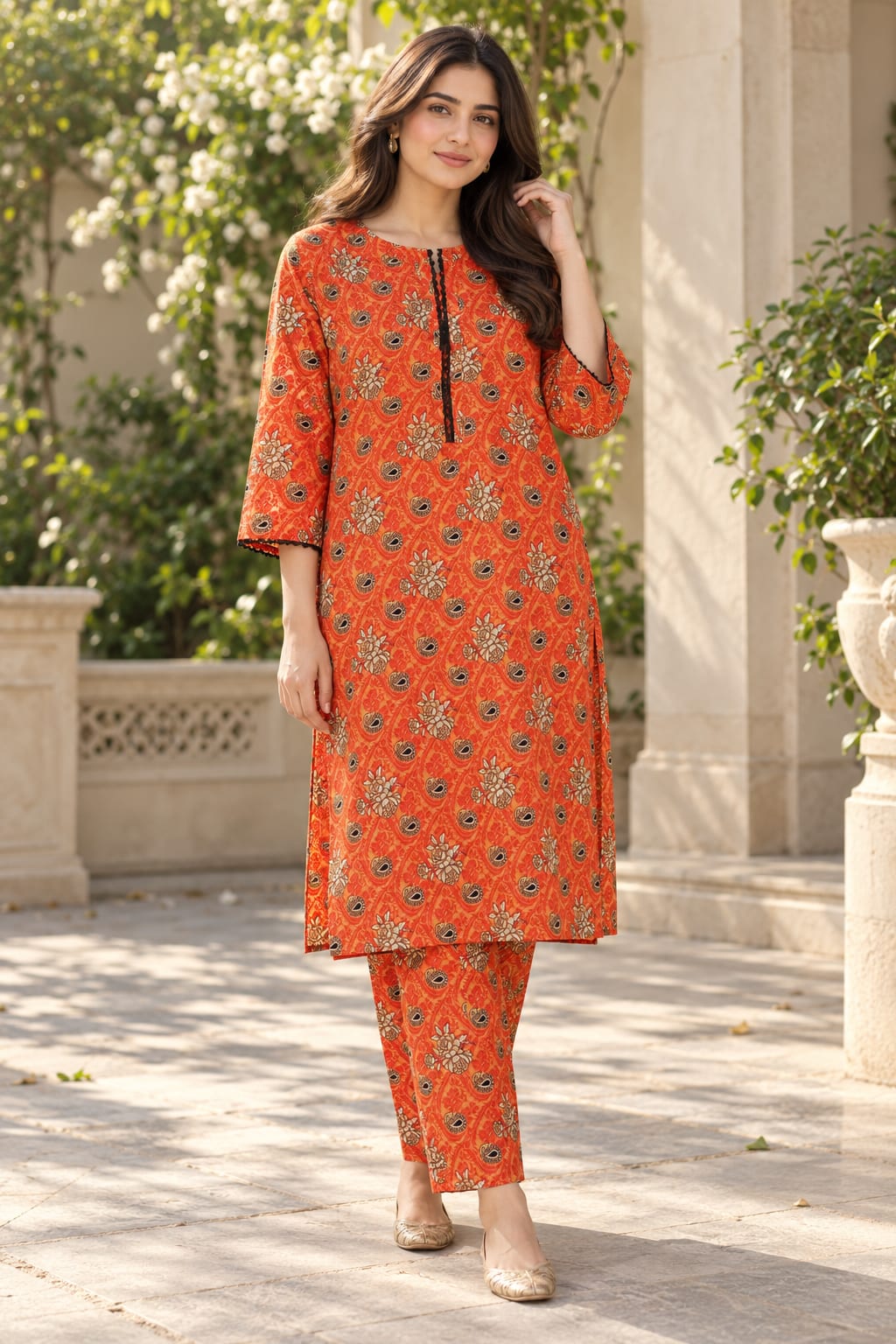 Orange Printed 2-Piece Shirt & Trouser Suit
