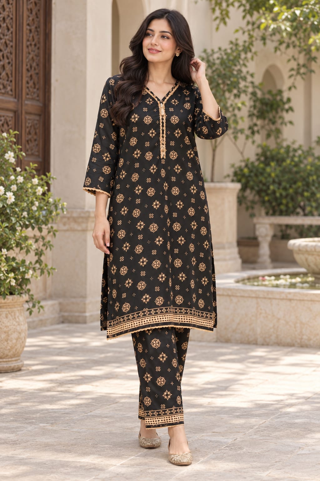 Black & Gold Printed 2-Piece Shirt Trouser Set
