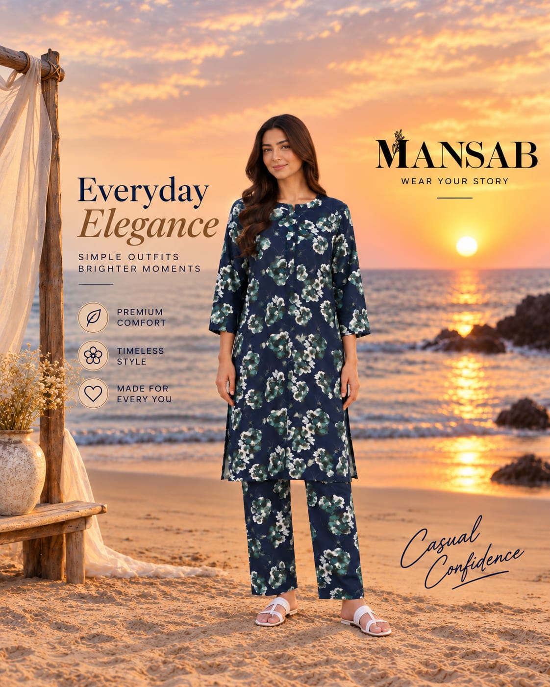 Navy Blue Floral Printed Two-Piece Suit