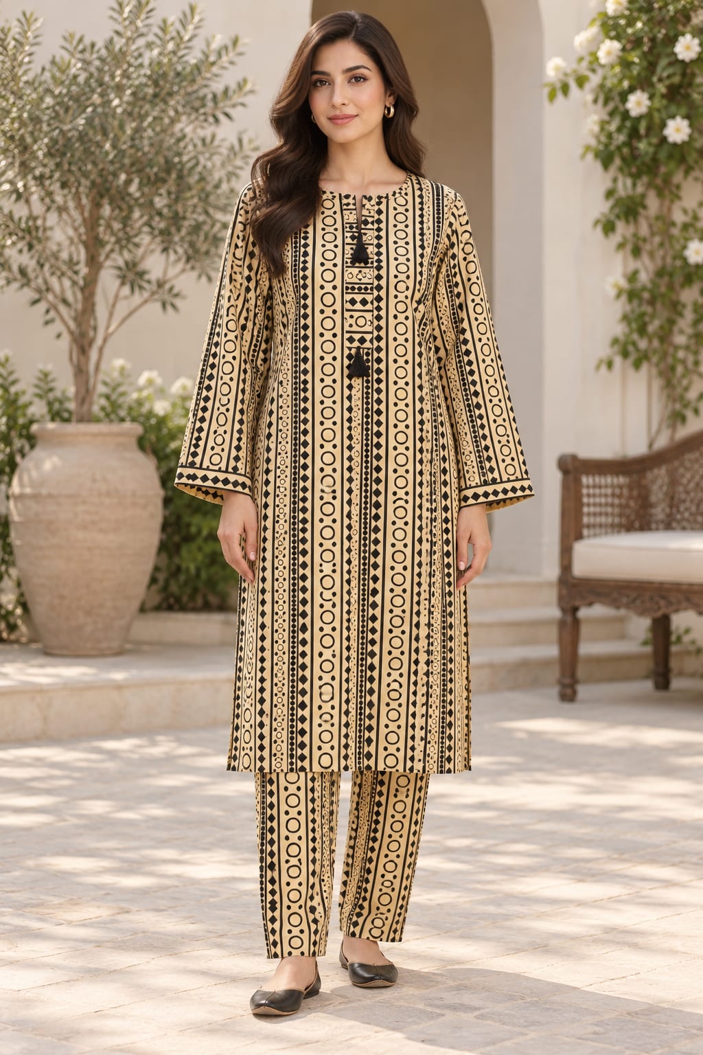 Beige & Black Geometric Two-Piece Suit