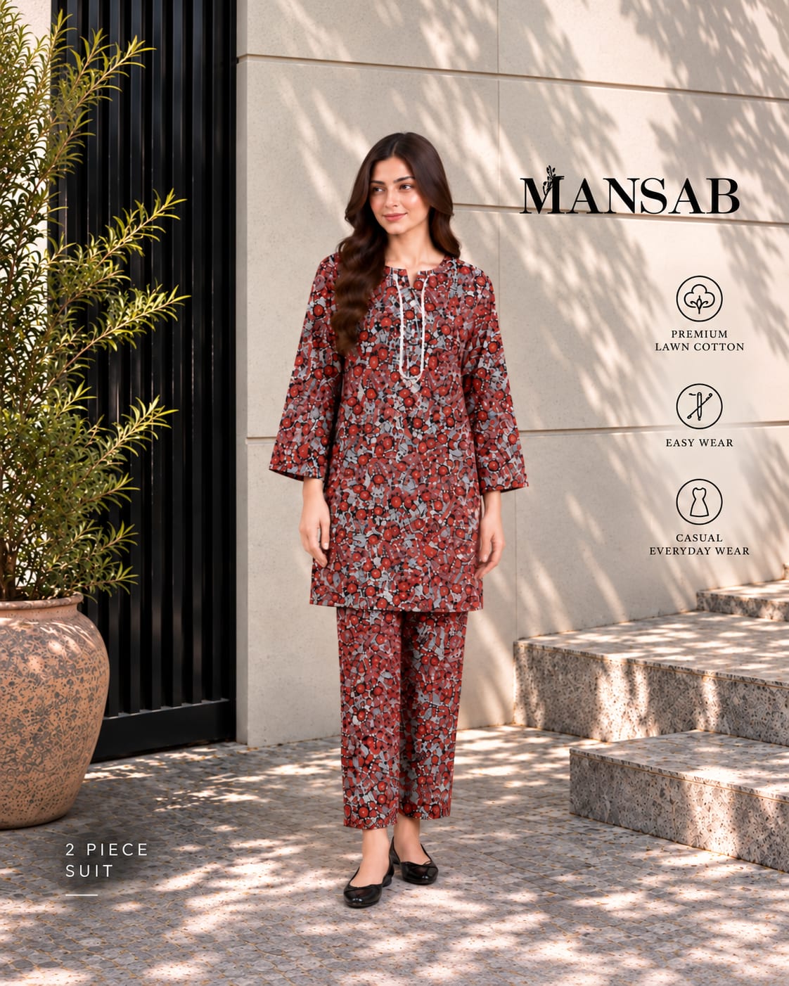Red Floral Printed 2-Piece Lawn Suit