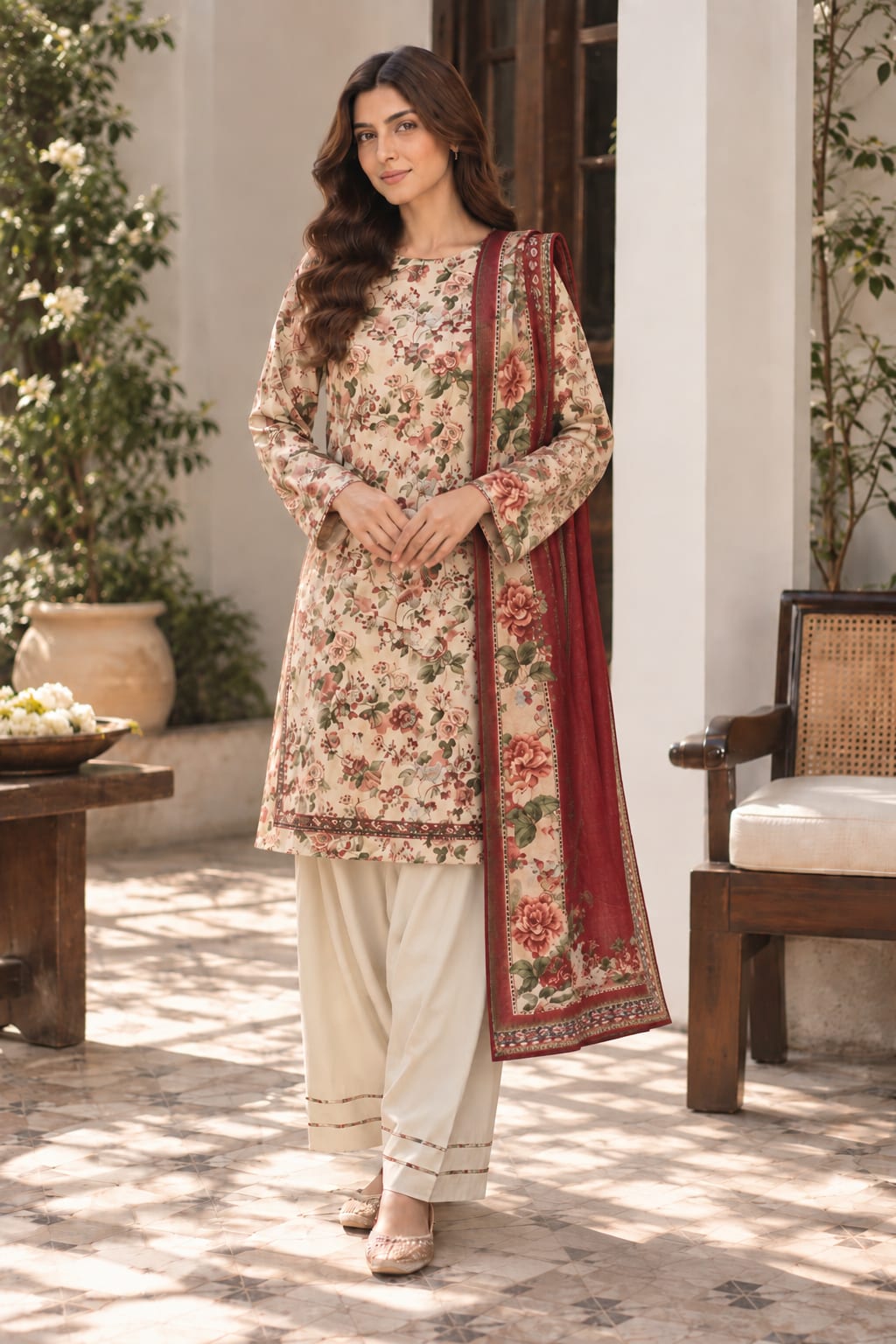3-Piece Floral Printed Suit with Maroon Dupatta