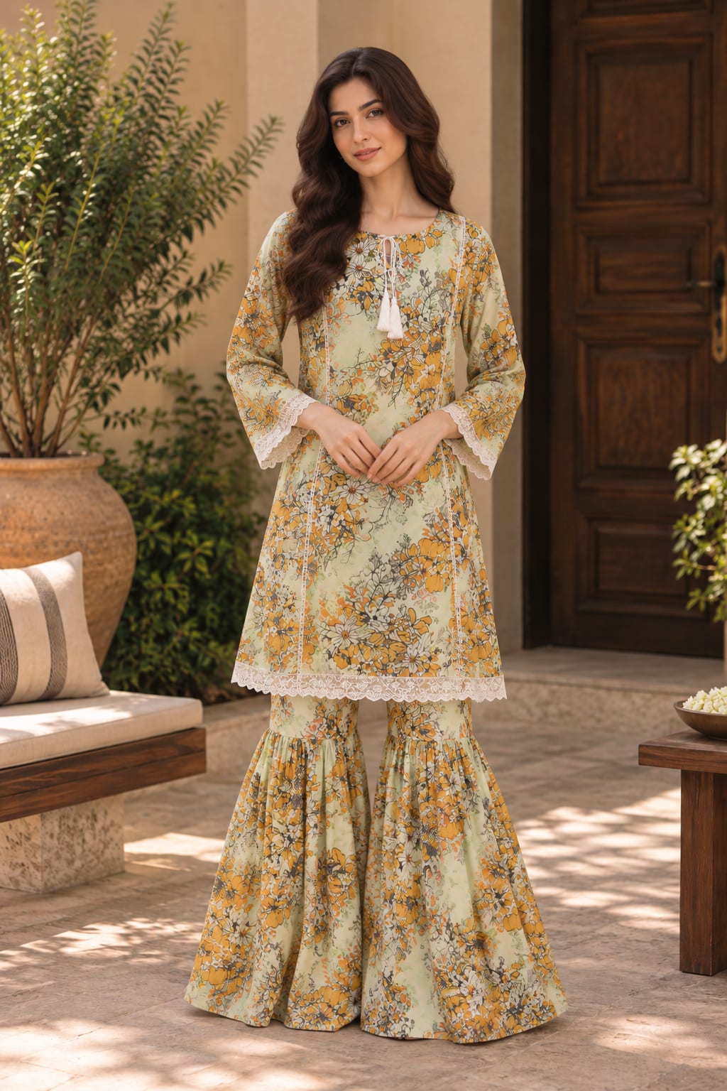 Sage Green Floral Printed Kurta & Gharara Set