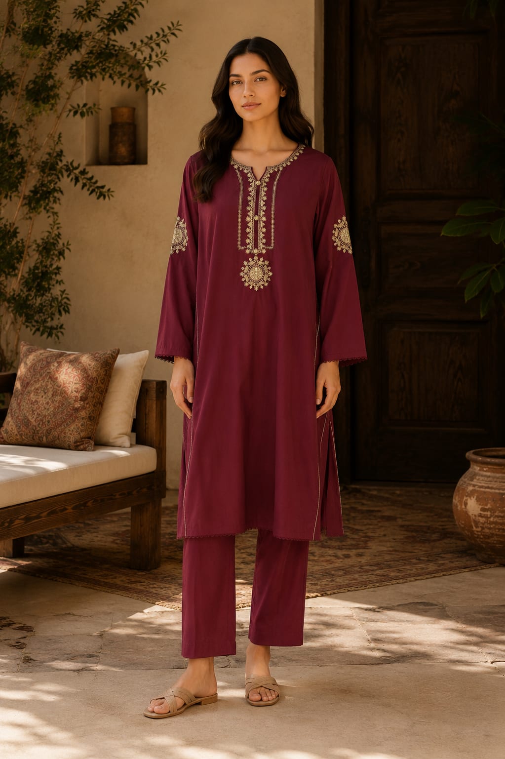 Burgundy Gold Embroidered Kurta Trouser Set