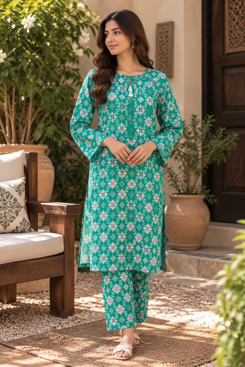 Emerald Green Printed 2-Piece Shirt & Trouser Suit