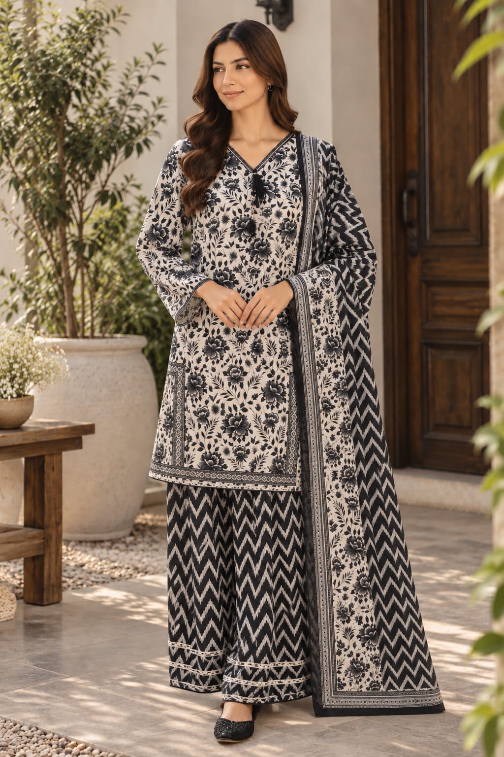 Black & Ivory Floral 3-Piece Lawn Suit with Farshi Shalwar
