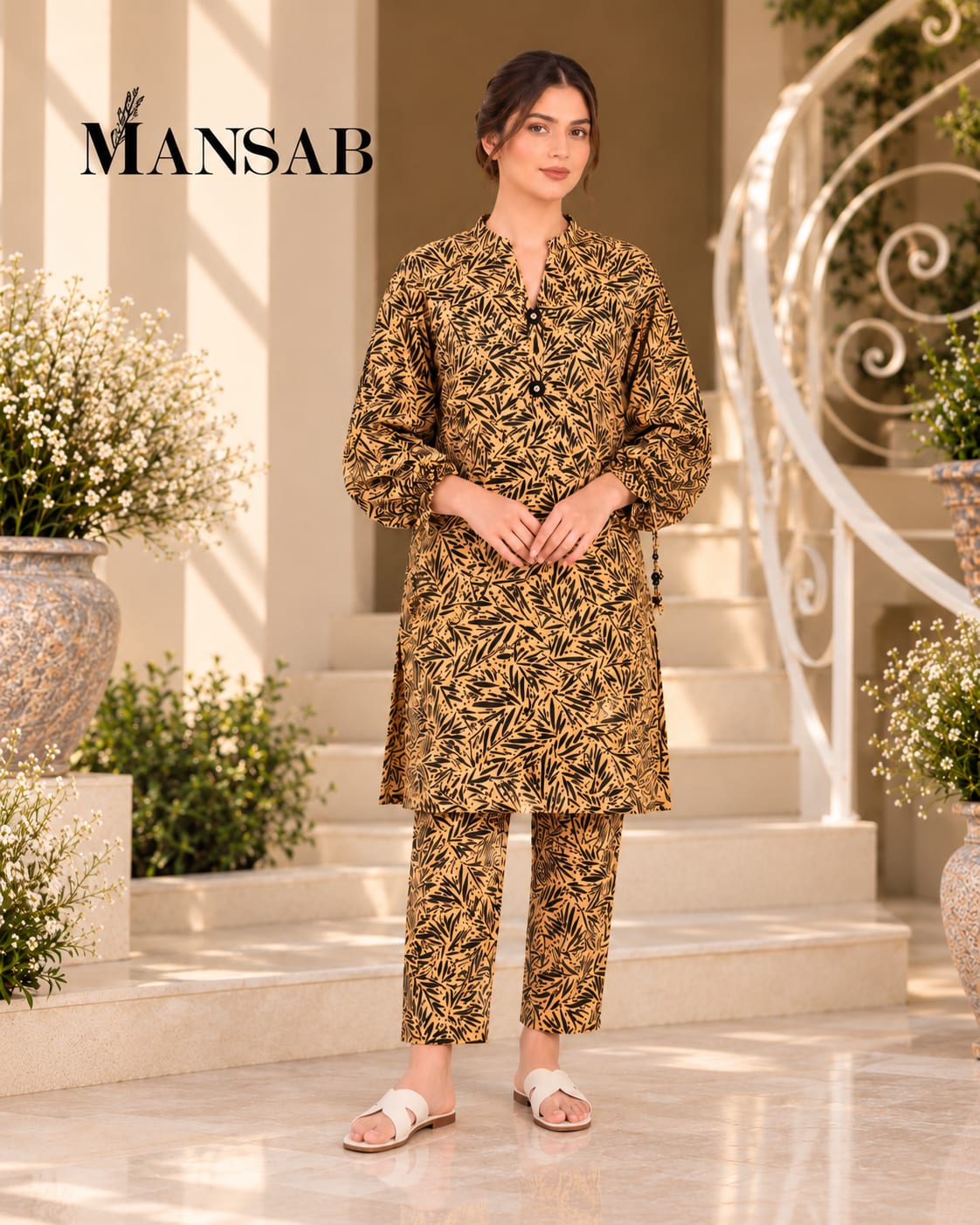 Beige & Black Botanical Printed Two-Piece Suit
